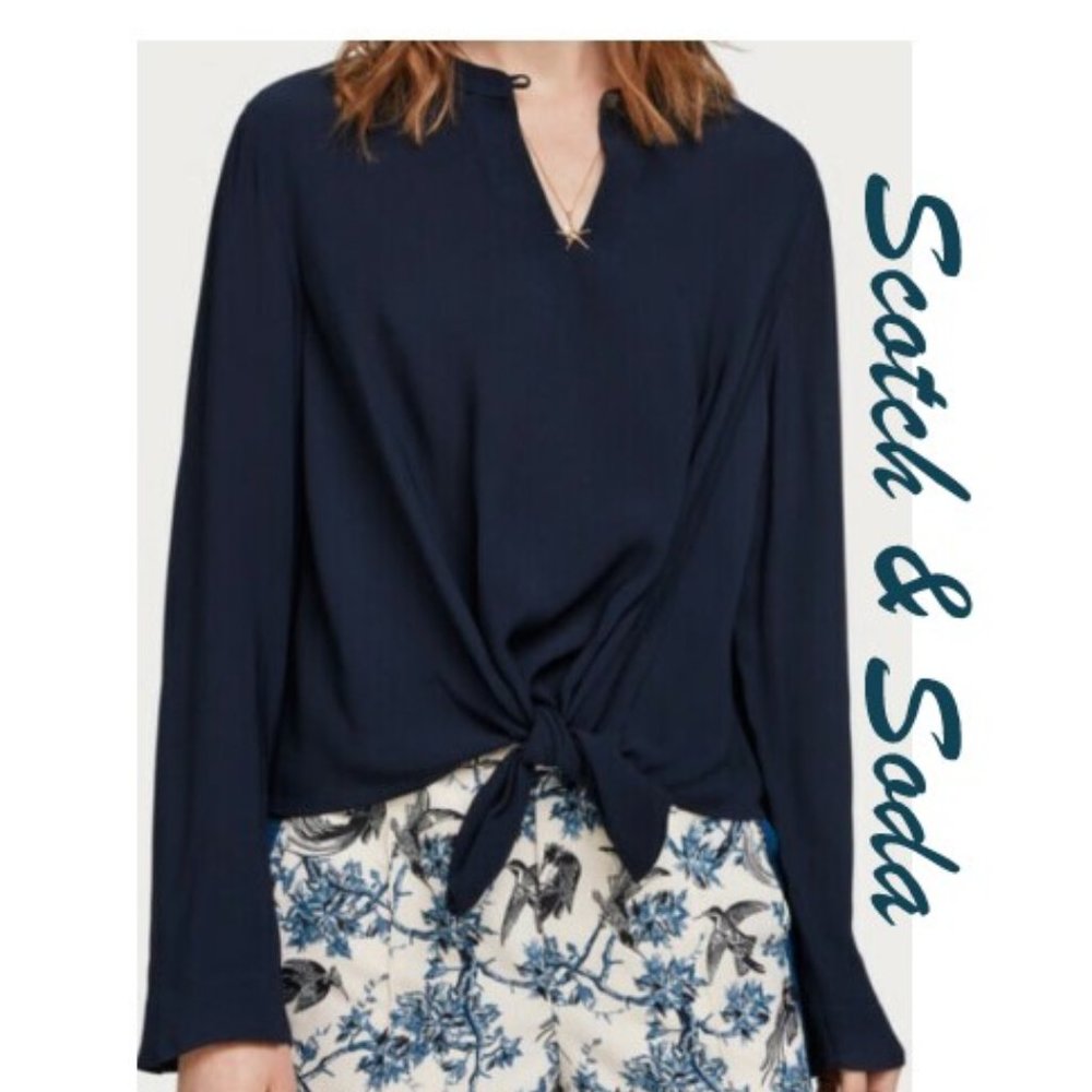 Scotch & Soda Tie Front Crepe Top Blouse Navy XS EUC